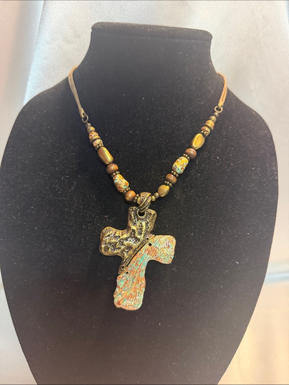 Source Unknown Turquoise and Brown Cross Pendant Necklace